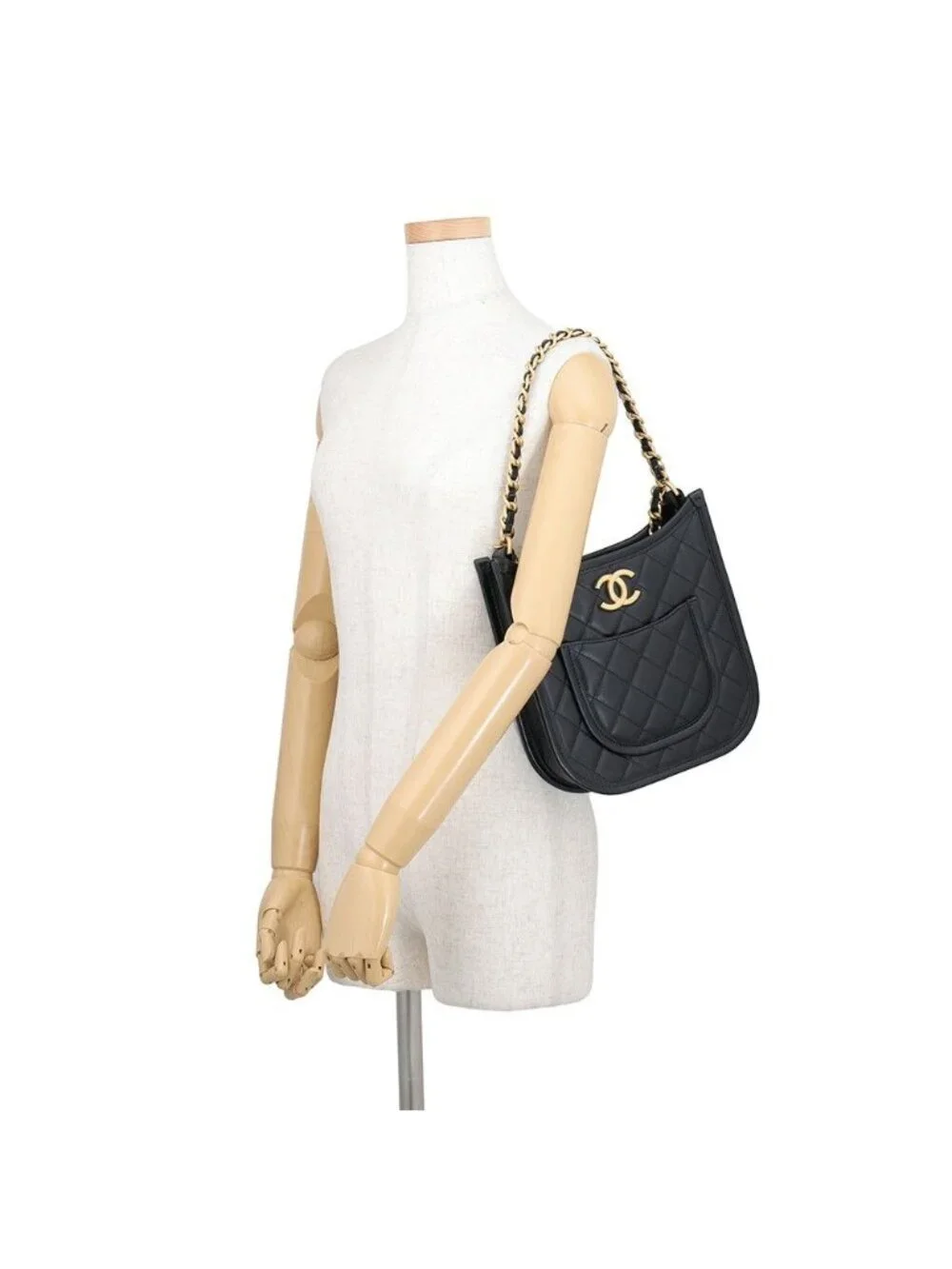 Chanel Chain Shoulder Bag Quilted CC Logo Hobo Lambskin 2-Way Black